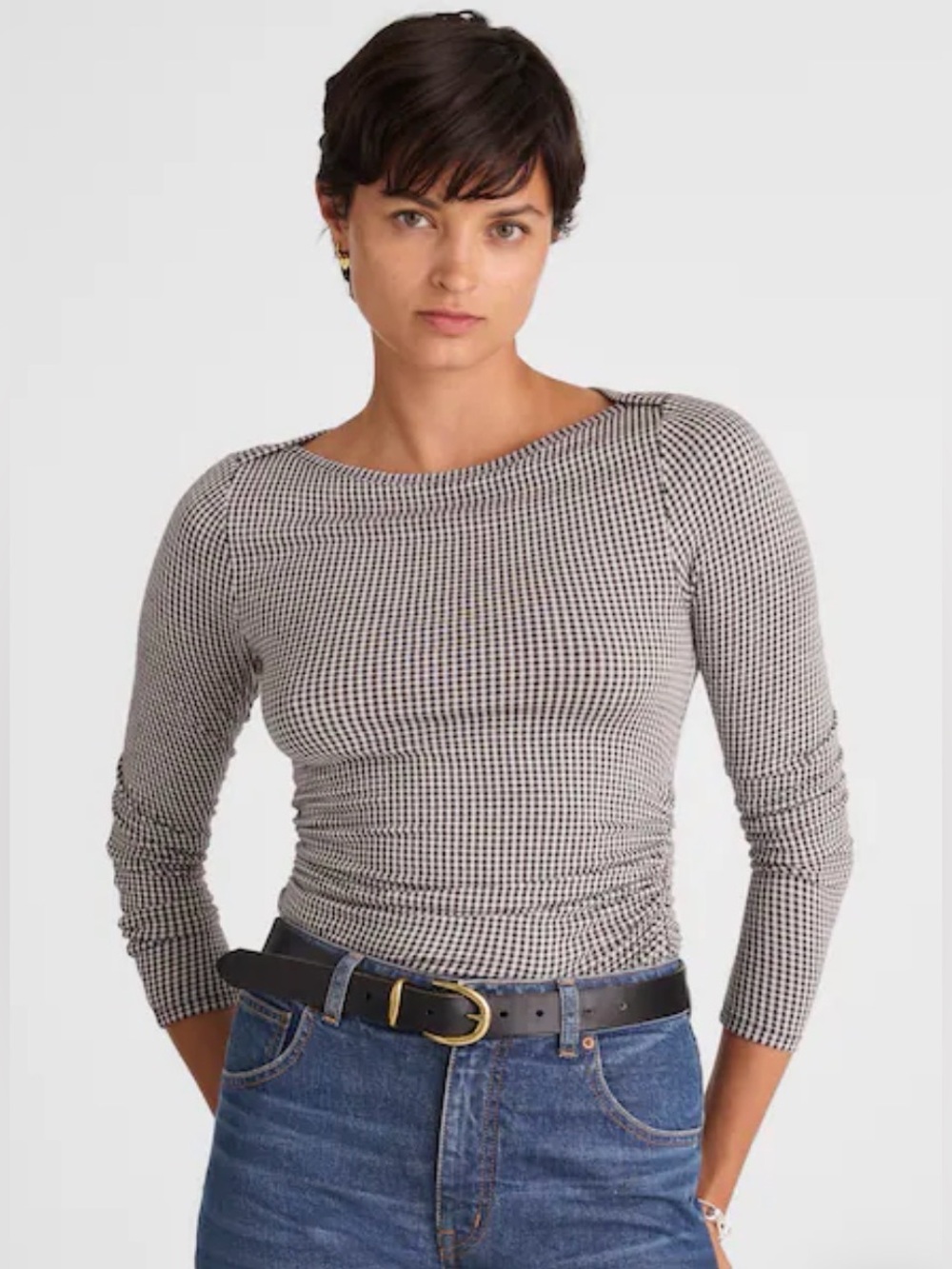 Madewell Ruched Crewneck Long-Sleeve Tee in Check Jacquard. Size Medium.